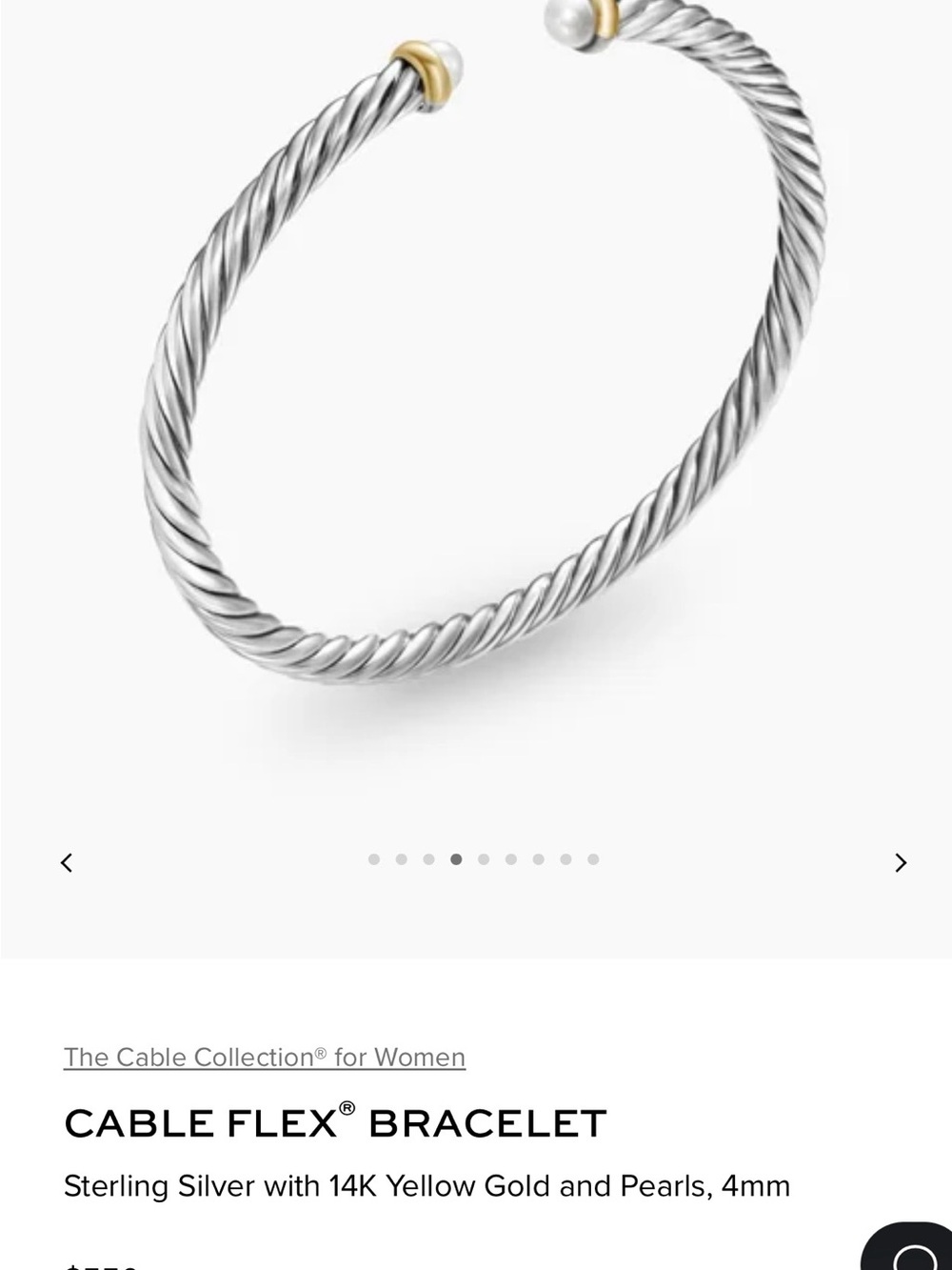 David Yurman Bracelet Cable Flex Sterling Silver 14K Gold and Pearls 4mm LARGE - Picture 8 of 10
